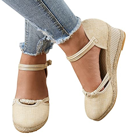 Roman Sandals Women - Summer Women Buckle Espadrille - Platform Wedge Sandals - Fashion Versatile Braided Linen Breathable Shoes - Closed Round Toe Leisure Sandals, beige, 4.5 UK