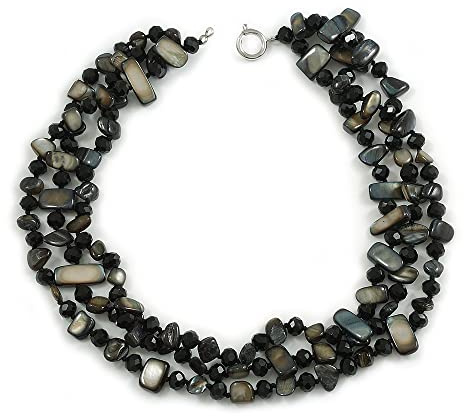 Collana con 3 file di conchiglie nere e perle di vetro, lunghezza 48 cm, Misura unica, conchiglia