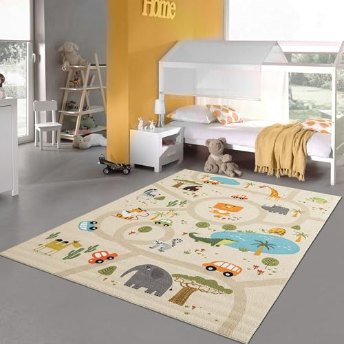 Teppich-Traum Kinderteppich Kinderzimmer Teppich Spielteppich Spielmatte Safari Straßenteppich rutschfest beige 100 x 200 cm