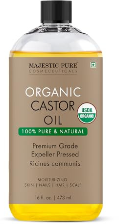 Majestic Pure Aceite de ricino orgánico, 473 ml líquidas, 100% puro y natural, aceite portador de primera calidad, para cabello, pestañas y cejas, aceite para cabello y cuerpo, prensado con expulso