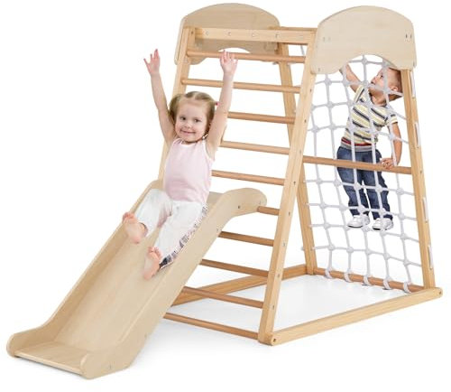 COSTWAY 4 en 1 Triangle d'escalade Montessori en Bois Enfants avec Toboggan, Aire de Jeu d’Escalade Intérieur avec Filet & Échelle d'escalade Montessori, Charge 50kg pour Bébé de 1 an+