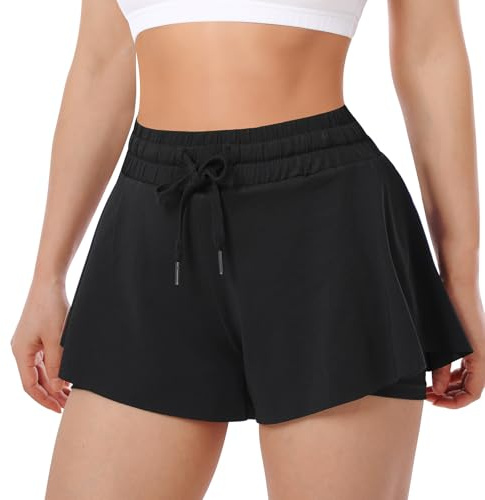 ThreeH Mujer Fluido Yoga Shorts 2 en 1 Elastano Rápido Dry Deportes Fitness Correr Pantalones Cortos Verano, Negro
