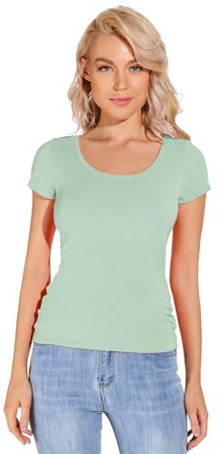 Liang Rou Women's Mini-Ribbed Stretch Scoop Neck T-Shirt Mint Green L