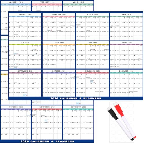 DPKOW Calendrier Mural 2026 Effaçable, Calendrier 2026 Grand Format, Planificateur Annuel Double Face A1, Décoration du Nouvel An 2026, Effaçable à Sec et Humide, avec 2 Stylos et Autocollants