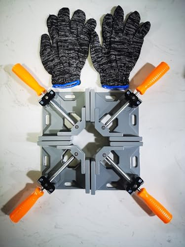 FengZeYing Abrazadera de ángulo recto de 90 grados, con 4 abrazaderas de esquina y un par de guantes antideslizantes, abrazadera de aleación de aluminio de un solo mango, herramientas de marco de