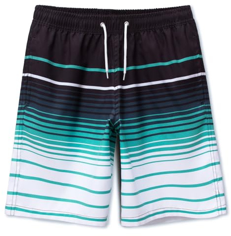 MEILONGER Badbyxor för barn, pojkar, snabbtorkande badshorts, ventilerande, vattenavvisande, boardshorts med nätfoder, fickor och justerbar dragsko, Randig svart blå vit, 152