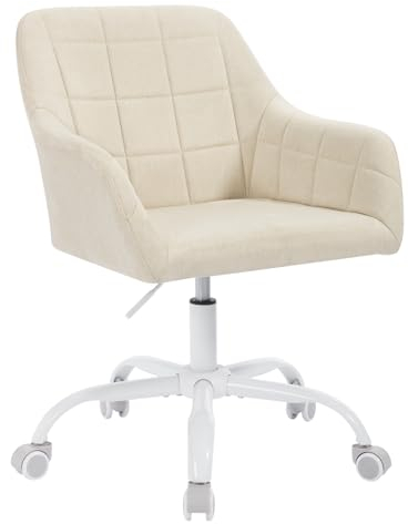 WOLTU Silla Escritorio, Silla Tocador, Giratoria con Ruedas, Ergonómica de Estudio, Altura Ajustable, para Oficina y Dormitorio, Lino, Beige+Blanco, BS164be