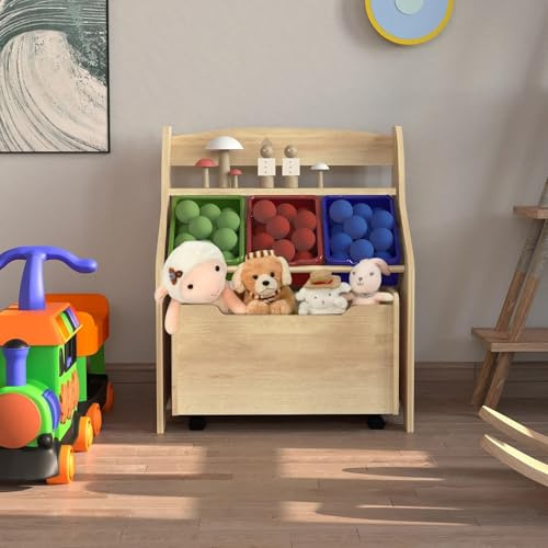 HYGRAD® Wooden Kids Playroom Storage Unit, Plastic Toy Boxes, MDF Shelving, Drawers On Castors, ‎38.5 x 63.5 x 76 cm, with Wheels for Child's Bedroom Playroom (Natural)