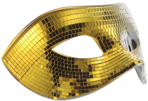 DECHOUS Masque Miroir Disco Demi-Visage Effet Boule à Paillettes Doré et Argenté Masque Réfléchissant Léger en Plastique Taille Unique Adulte pour Fêtes Halloween Bal Masqué et