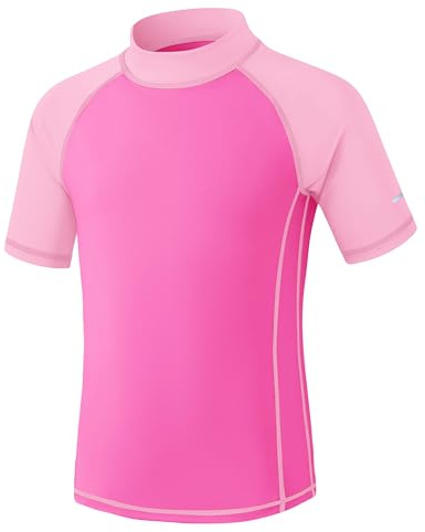 Kinder UV Shirt Kurzarm Mädchen Badeshirt UPF 50+ Sonnenschutz Schwimmshirt Rashguard mit Reflektorstreifen Schnelltrocknend Chlorresistent Rosa 9-10 Jahre