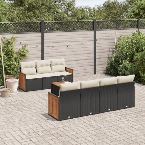 Frdhee Muebles de terraza para exteriores, 8 piezas, juego de sofás de jardín con cojines de poliratán negro, grupo de banco de esquina para balcón, patio y terraza