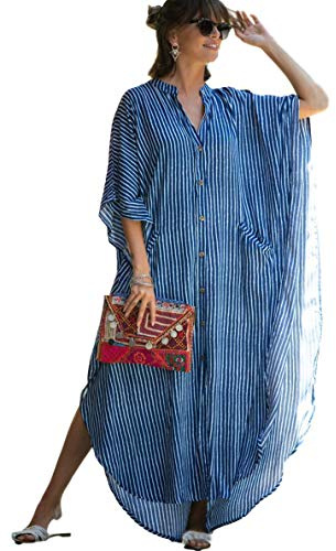 Caftan with Pockets Swimsuit Cover up Women Stripe Print Button Down Plus Size Kaftan Half Sleeve Vneck Blue Striped Caftan Dresses Beach Blouse Side Split Maxi Beach Dress 8612-0