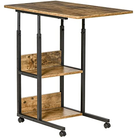 HOMCOM Tavolino da Salotto a C Stile Industriale, Comodino di Design Altezza Regolabile, 3 Ripiani e 4 Ruote con Freno, Marrone Rustico