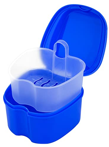Caja de Dentadura Postiza Caja de Baño Estuche para Dentadura con Colador para Dientes Falsos Almacenamiento Remojo Limpieza Azul Oscuro