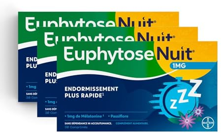 EuphytoseNuit - Complément alimentaire adulte - Mélatonine 1mg - Endormissement plus rapide - Passiflore : Sommeil de qualité - 3 Packs de 30 Comprimés - 90 nuits de sommeil - Fabriqué en France
