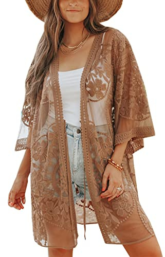 YouKD Women's Lace Cardigan Dress See Through Dress Boho Long Kimono Beach Swimsuit Cover Up Robes