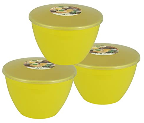Just Pudding Basins Pastel Colours 2 Pint 1.14 Litre Basin and Clear Lid Pack of 3 Plastic Steaming Bowls (Yellow)