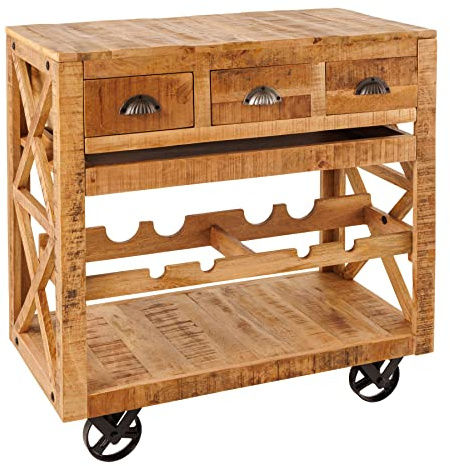 riess-ambiente.de Industrial Barschrank Bodega 86cm Mangoholz Servierwagen mit Weinregal