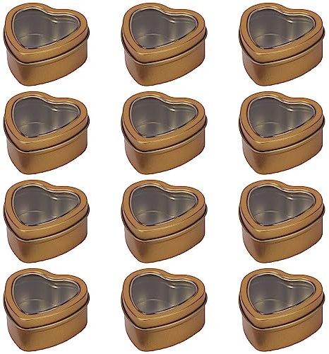 Alunsito Paquete de 12 latas de metal de 1.5 onzas, recipientes vacíos en forma de corazón con tapas de ventana transparentes para velas, artes y manualidades, almacenamiento en cocina y oficina,