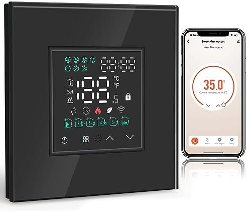 BSEED WiFi Termostato Controlador de Temperatura Negro para Calefacción de Calderas,5A Smart Termostato con Pantalla Táctil LED Compatible con Alexa y Google Home
