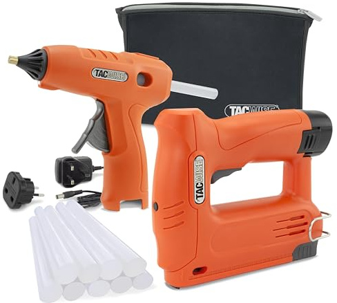 Tacwise 1777 Set con Grapadora/Clavadora 53-13EL de 12V, Pistola de Pegamento H12-12 de 12V, Batería de Iones de Litio Intercambiable de 12V, 10 Barras de Pegamento y Bolsa de Neopreno