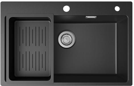 CECIPA Evier Cuisine 1 Bac 70x45x20 cm, Évier En Granit avec Grand Bassin, Lavabo Cuisine Avec Siphon & Trop-Plein, Évier à Encastrer des sous-meubles supérieurs à 80 cm - Noir