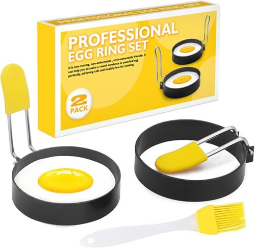 PacuM 2 Pieces Egg Rings for Frying Foldable and 1 Oil Brush Mould Fried Egg Ring Non Stick Includes Scald-proof Handle for Home Kitchens Shaping Pancakes Mini Burgers Sandwiches