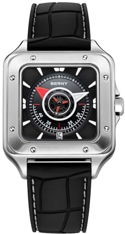 BERNY Quadratische Automatikuhr für Männer mechanische Uhren Saphir Kristall AR Beschichtung Vintage Herren Analog Armbanduhr 100M Wasserdicht Herrenuhr Datumsöffnung Klassische Römische Ziffernmarker