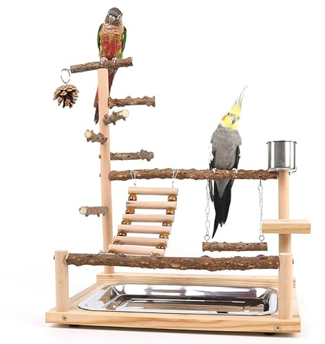 RoseFlower Wooden Bird Playground, Parrot Playstand with Perches, Ladder, Swing, Feeder Cups, Tray for Conure, Parakeets, Budgie, Cockatiels, Lovebirds