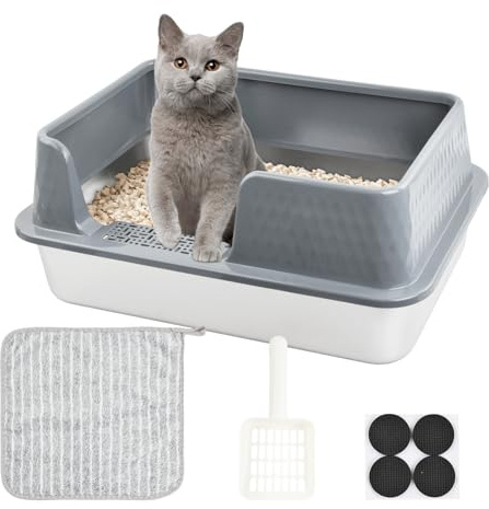 Lettiera per gatti in acciaio inox, 50 x 35 x 20 cm, grande con recinzione rialzata rimovibile, apertura senza coperchio con pala e panno, efficace paraspruzzi e facile da pulire, grigio