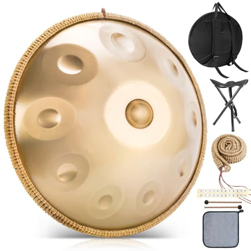 BIILOYY Handpan Instrument, 22 Inch 10 Tones 440 Hz Hand Pan, Handpan Drum in D Minor, Includes Drum Bag, Mallet, Steel Pan Stand, for Beginners, Professionals, Music Therapy