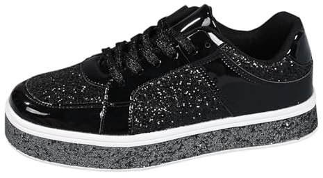 MODSGUE Zapatillas de mujer con lentejuelas, zapatos brillantes, planos, bajos, para correr, cordones, para caminar, zapatillas deportivas, zapatillas de deporte, Negro , 37 EU