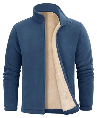 UMIPUBO Mens Fleece Jacket Winter Zip Up Jacket Coat Stand Collar Military Warm Sherpa Lined Jackets Sweatshirts Windproof Thick Outerwear with Pockets (Blue, L)