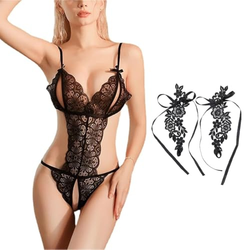 KEMUZ Lencería Sexy De Encaje para Mujer con Adornos De Encaje para El Pie - Babydoll Transparente con Diseño En V Y Tirantes Ajustables, Conjunto De Dormir Elegante para Bodas, Noches Especiales