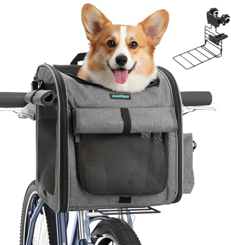DAISTERN Dog Front Bike Basket 4-in-1 Pet Carrier Backpack & Car Seat, 22lbs Load, Stable L-Shaped Mount for E-Bikes (Display <3.15), Reflective Waterproof Folding Bicycle Bag for Small Medium Dogs