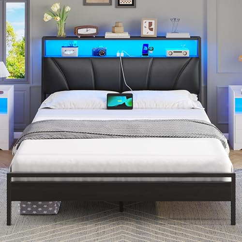 Brinlawb Letto da 120 x 200 cm con illuminazione a LED e stazione di ricarica (2 prese CA, USB-A, USB-C), struttura per letto giovanile 120 x 200 cm, con testiera imbottita e 2 ripiani aperti