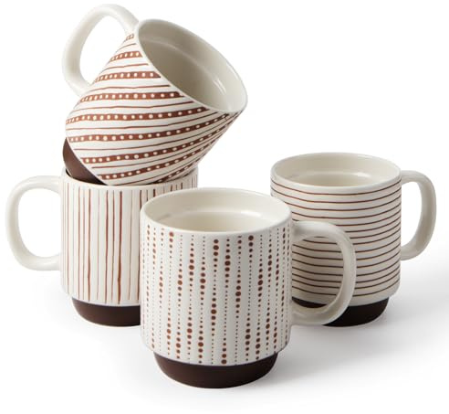 DOWAN Stackable Coffee Mugs, 12 oz Ceramic Coffee Mug Set of 4, Coffee Cups with Geometric Patterns for Latte, Cappuccino, Cocoa, Dishwasher & Microwave Safe, Off White