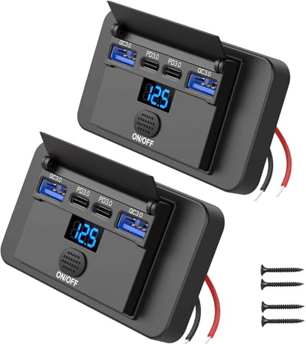 2-pack 84W 4 portar 12V USB-uttag för ytmontering med voltmeter, 36W PD och dubbla 18W QC 3.0 Lättviktspanel för byte av USB-uttag i bilen med knappbrytare för bussar, husbilar, lastbilar | Med voltmeter, 36 W PD och två 18 W QC 3.0, lätt ersättningsskärm, med knappbrytare, för bussar, husbilar, lastbilar