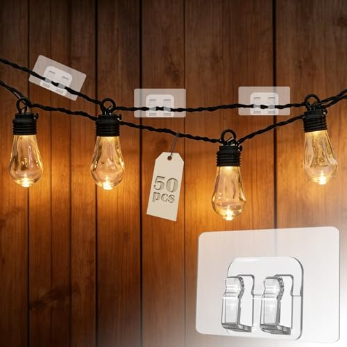 HIVTE Lot de 50 Clips de Câbles Adhésifs Transparents, Crochets en ABS Robustes pour Lumières Extérieures, Clips Muraux Étanches pour Guirlandes Lumineuses, Jardin, Clôture et Gouttière