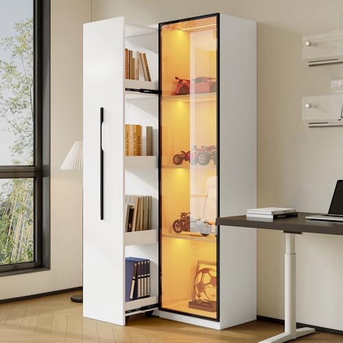 Armario multifunción de 160 cm de alto, estantería y vitrina con puertas de vidrio templado, marco de puerta de aluminio, 1 puerta, 1 cajón lateral, con ruedas e iluminación LED (blanco-1, 70 x 40 x