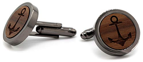 NaturSchatulle Manschettenknöpfe Herren Holz Gravur Anker 1 Paar Schwarz Manschettenknopf Rund Hochzeit Anzug Männer Cufflinks for Men
