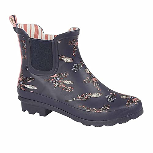 StormWells damer dam ankel Wellingtons vattentät marinblå röd slip-on W407C, Marinblommor, 41.5 EU