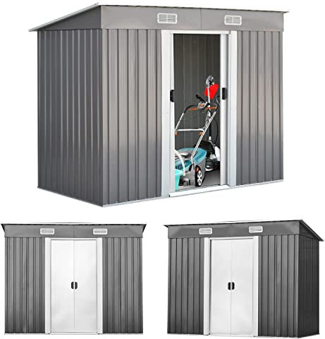 RELAX4LIFE Casetta da Giardino 3,12 m² 5 m³, in Lamiera d'Acciaio e e Lamiera Zincata con2 Porte Scorrevoli, Tetto Inclinato, per Porta Attrezzi, Tosaerba 238×131×160cm