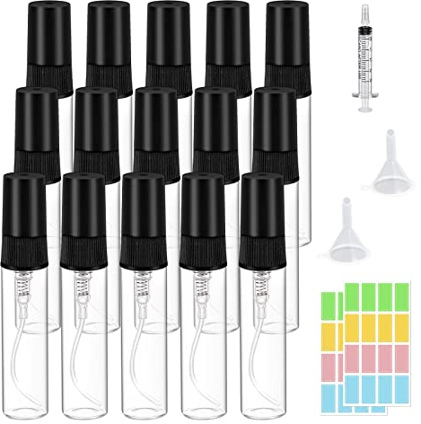 15 Pcs Glass Perfume Atomiser Refillable,Portable Mini Empty Spray Atomiser Bottle Reusable Travel Fragrance Glass Bottles for Essential Oil Hair Aromatherap Perfumes (5ml, Transparent+Black)
