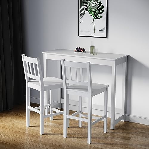 ELEGANT Solid Pine Wood 3 Piece Dining Table Set Furniture, 110x40x91cm | Bar Table and 2 Stools Set, Bistro, Breakfast Kitchen, Dining Room available, White