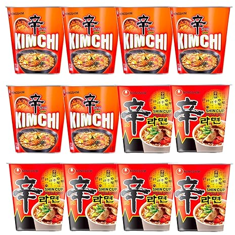 Nong Shim SHIN Original & Kimchi Ramyun Instant Cup Noodles Spicy Ramen (Pack of 12) HALAL