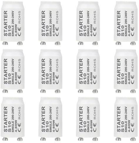 MHMondawn 12 pezzi di avviamento per tubi fluorescenti S10 Starter Longlife 4 – 80 Watt 200 – 240 V Starter per luce fuorescente, circuito singolo di tubi fluorescenti