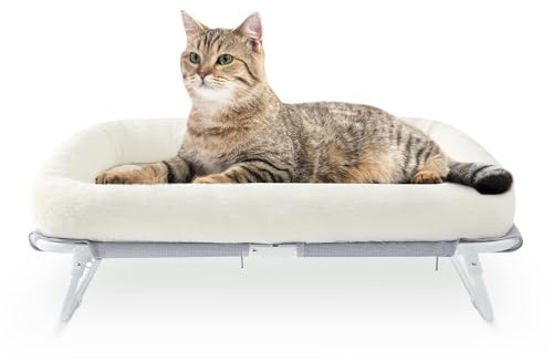 GUUSII HOME Raised Cat Beds for Indoor Cats Foldable Kitten Pet Hammock Elevated Kitty Chair Large High Puppy Cot Self-Supporting Sofa Couch with Sturdy Metal Frame Washable Cover 64X40X19 cm(White)