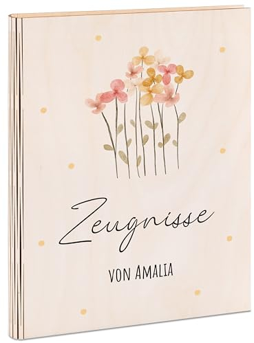 Bärenfreunde® - Personalisierte Zeugnismappe aus Holz mit Hochwertigem Spezial-Druck - Einschulung Geschenk für Jungen & Mädchen (Blumen Punkte)