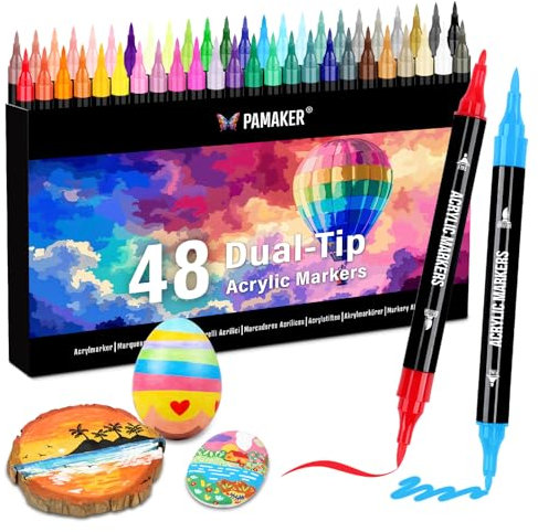 48 Farben Acrylstifte Set – Acrylmarker mit feiner Spitze und Pinsel für Stoff, Leinwand, Glas, Holz und Papier – Ideal für Kinder und Erwachsene, zum Zeichnen und DIY-Bastelprojekte